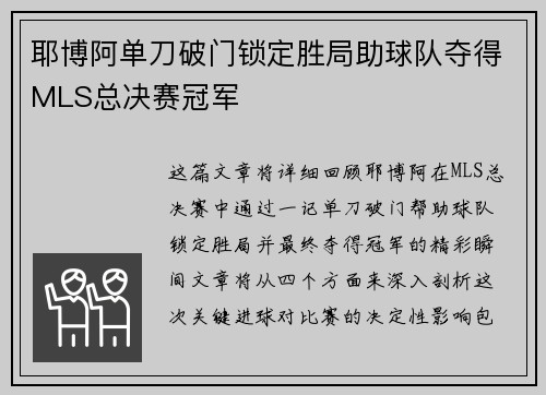 耶博阿单刀破门锁定胜局助球队夺得MLS总决赛冠军