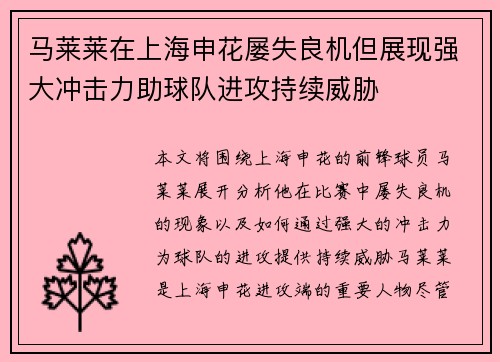 马莱莱在上海申花屡失良机但展现强大冲击力助球队进攻持续威胁 马莱莱在上海申花屡失良机但展现强大冲击力助球队进攻持续威胁