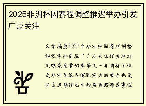 2025非洲杯因赛程调整推迟举办引发广泛关注